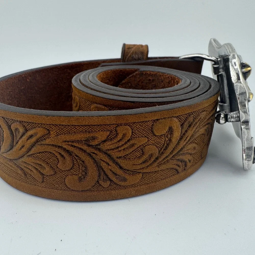 Tony Lama Brown Tooled Leather Western Belt Longhorn Buckle‎ 24 C60119 USA